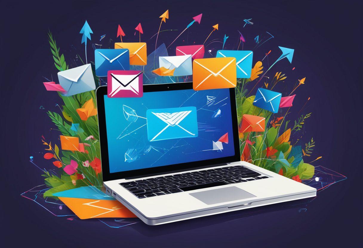 A visually striking illustration of an interconnected digital landscape, with an open laptop displaying a vibrant email interface, surrounded by arrows symbolizing outreach. Incorporate elements like newsletters, social media icons, and organic growth imagery such as sprouting plants or upward graphs, representing blog growth. The design should exude a sense of innovation and connectivity. vector art. vibrant colors. 3D elements.