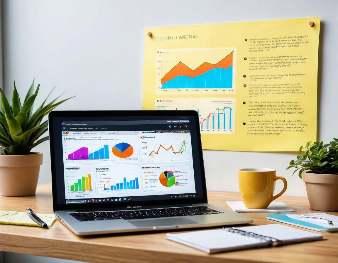 A dynamic and engaging digital workspace featuring a glowing laptop screen displaying an email marketing dashboard filled with colorful graphs and statistics. Surrounding elements include a notepad with creative strategies, a cup of coffee for inspiration, and vibrant sticky notes with motivational quotes. The atmosphere should convey a sense of productivity and creativity, highlighting the concept of growth in blogging. Tech-inspired decor in the background adds to the overall modern feel. vibrant colors. 3D. super-realistic.
