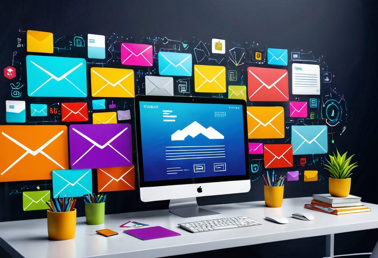 A dynamic digital workspace filled with colorful email drafts, engaging graphics, and a diverse group of content creators brainstorming ideas. Highlight glowing metrics indicating high engagement rates and conversions, along with creative elements like charts and visual tools. The scene should radiate collaboration and innovation, symbolizing successful email marketing. vibrant colors. 3D. modern design.